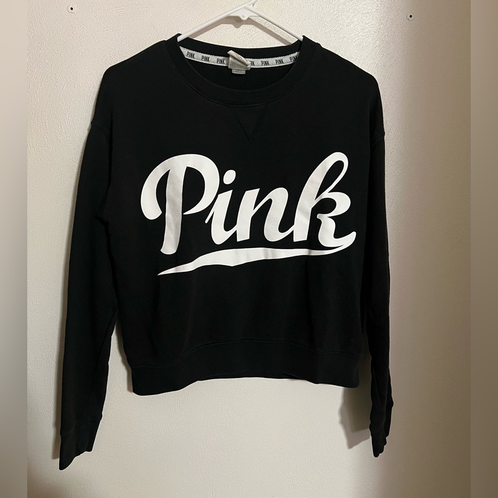 VICTORIA'S SECRET PINK Classic Slightly Cropped Fleece Sweatshirt Black White XS